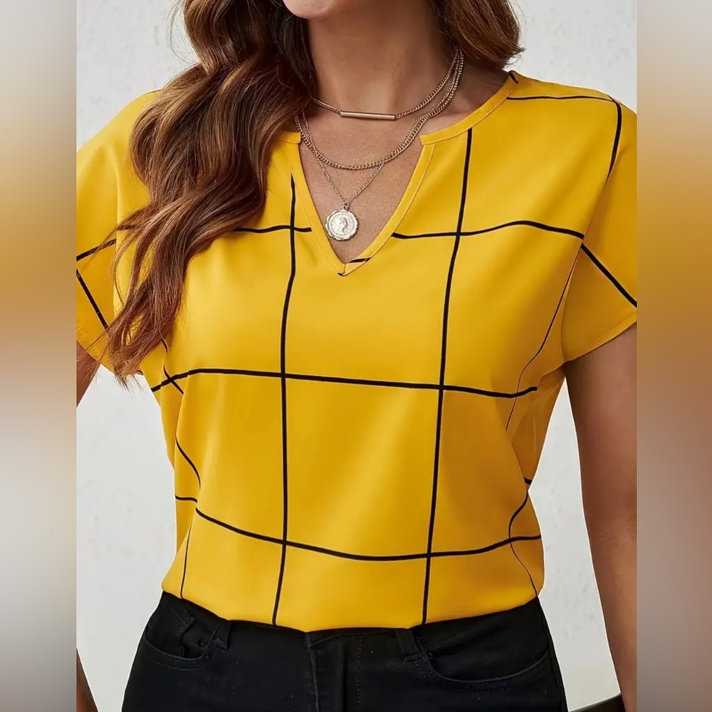 Yellow Windowpane V-Neck Womens Top